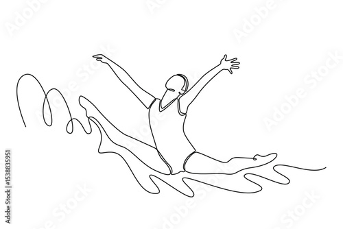 Single continuous line drawing young female gymnast jumping in mid air, performing split leap. Action, motion, sport, motivation, competition. Dynamic one line draw graphic design vector illustration