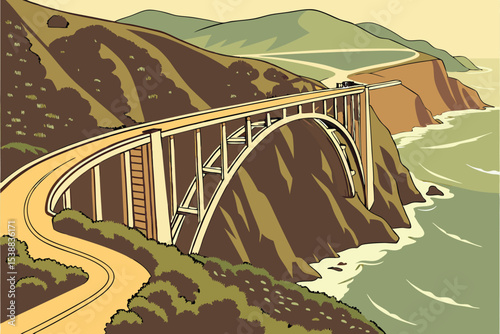 A breathtaking summer landscape features a mountain highway with an architectural viaduct winding through forests, under a vast sky, and beside a glistening river