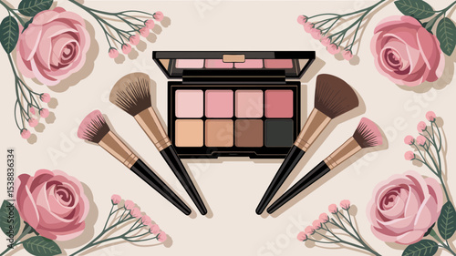 Elegant Makeup Palette Design with Roses Perfect for Beauty Branding and Cosmetic Logo Projects