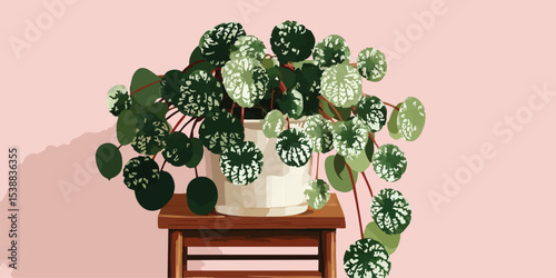 An elegant illustration of a Chinese Money Plant, potted in a white pot, adds a touch of greenery to a home interior.