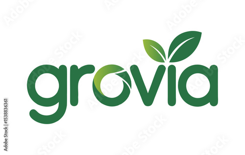 Grovia logo, featuring green leaves and text, ideal for branding.
