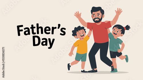 Happy Father's Day design featuring a joyful dad with his children, perfect for cards, banners, or social media posts celebrating family and paternal bonds.
