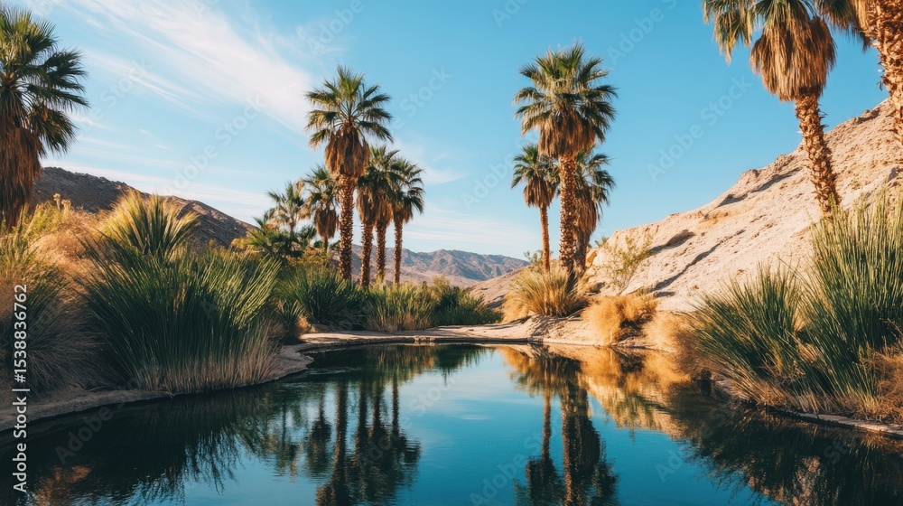 Obraz premium Palm trees and mountains surround a serene body of water