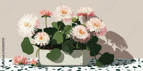 An artistic composition showcasing a pot of blooming daisy flowers. Capturing the flower's delicate petals and vibrant colors, illuminated by soft lighting to evoke feelings of serenity.