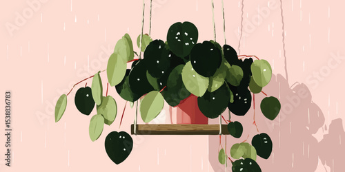 A lush, heartleaf philodendron plant in a hanging pot, thriving against a soft pink backdrop. The illustration showcases the plant's vibrant green foliage and trailing vines.