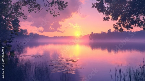 Serene Sunset over Tranquil Lake with Colorful Reflections and Silhouetted Trees in the Background