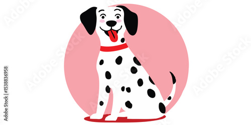 A cheerful dalmatian dog with its distinctive black spots, perked up ears, red collar, and a playful pink tongue, creating an image of innocence and love, full of personality.