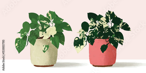 Two potted plants, with their lush foliage, stand side-by-side, bringing a refreshing touch of nature and botanical elegance into the frame, presented with a minimalist design aesthetic.
