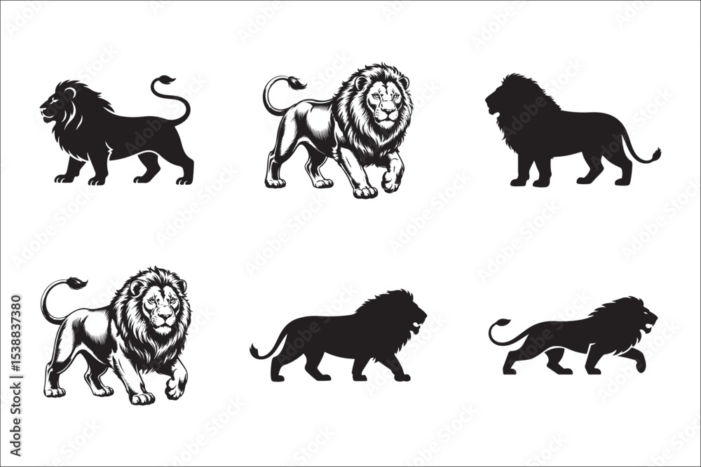 Naklejka premium Majestic Lion Silhouette VectorKing of the Jungle Lion DesignFierce Lion Head IllustrationRoaring Lion Silhouette ArtWild Lion in the Savannah Graphic