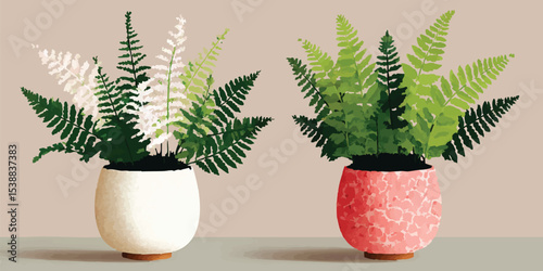 Two decorative potted plants enhance the aesthetic, featuring vibrant ferns in diverse hues, set against a soft backdrop, enhancing the sense of natural beauty and artistic design.