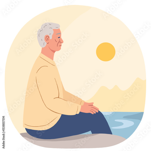 Elderly man meditating at sunrise. Senior practicing mindfulness outdoors. Peaceful meditation for older adult man. Retired man doing yoga at sunrise. Elderly set
