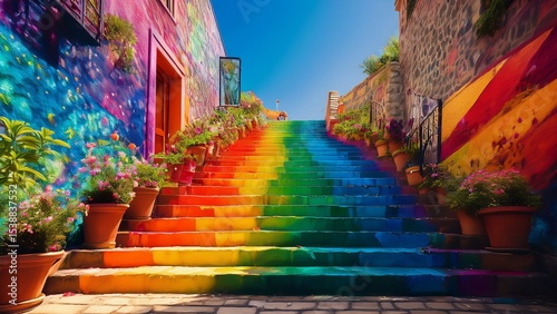 Vibrant Rainbow Staircase and Colorful Street Art in a Charming Mexican Alleyway, Bright and Cheerful Scene, Summer Day, Travel and Exploration.