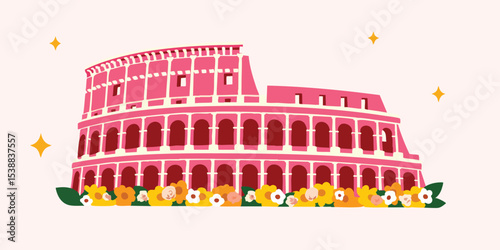 A vibrant illustration showcases a stylized Colosseum, Italy, adorned with cheerful flowers, evoking a sense of springtime beauty and historical charm.