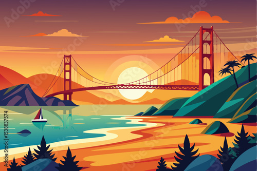 Golden Gate Bridge at sunset, a landmark suspension bridge over the San Francisco Bay waters