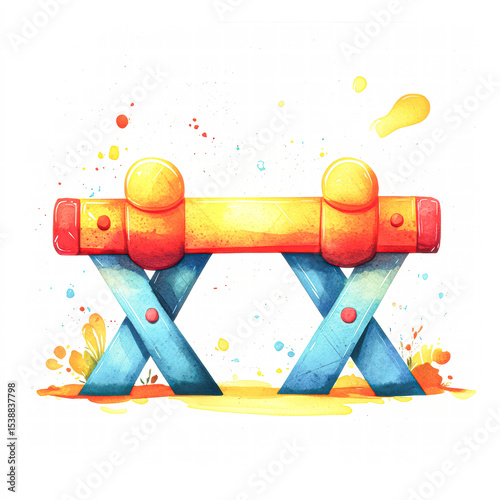 A colorful, artistic illustration of a wooden sawhorse with splashes of paint in yellow, orange, and blue hues.