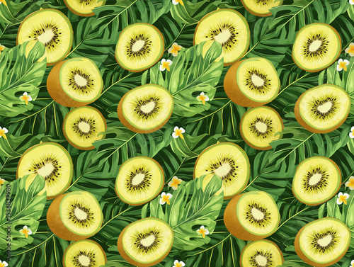 A refreshing tropical pattern features vibrant kiwi slices interspersed among lush green leaves