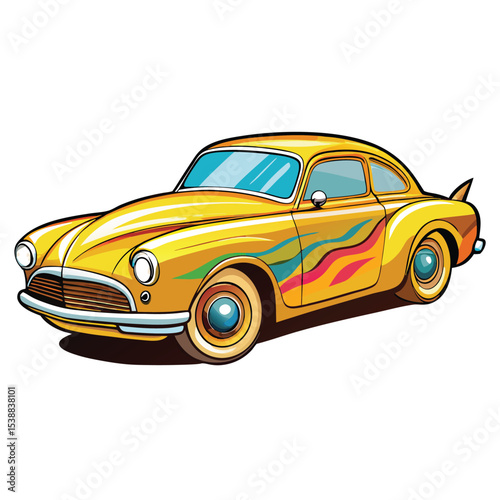 Psychedelic 1950s gold metallic coupe car vector illustration