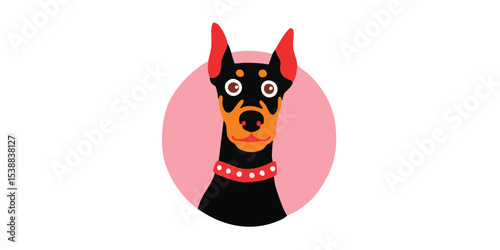 A stylized illustration of a Doberman pinscher's portrait featuring a black coat, red accents, alert expression, and a pink background circle.