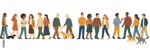 Group of people walking their dogs in a park during a sunny afternoon in a vibrant community