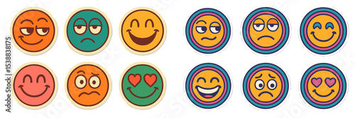 Collection of colorful emoticons illustrating various facial expressions and feelings in a playful design
