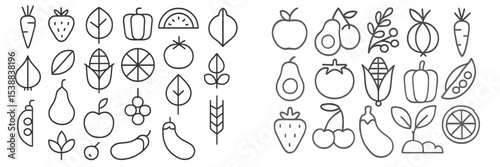 Collection of outline drawings of various fruits and vegetables arranged in a neat pattern on a white background