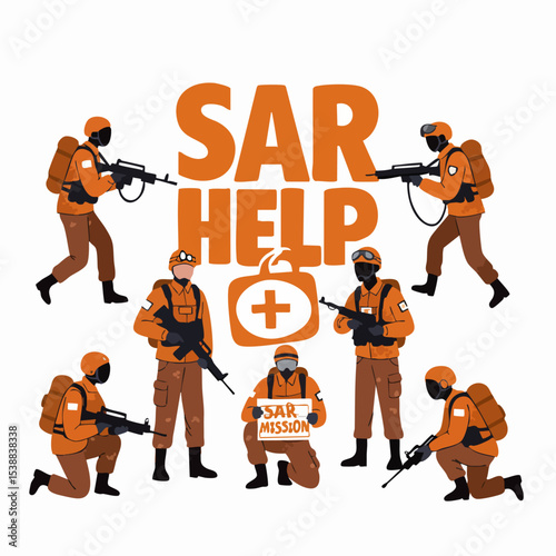 SAR Mission: A graphic representation of search and rescue personnel in action, symbolizing assistance and aid. Illustrating bravery, teamwork, and hope.