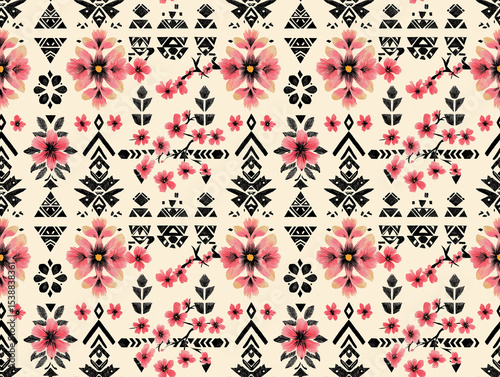 A modern ethnic pattern featuring delicate pink floral elements interspersed with bold tribal geometric shapes on a light background