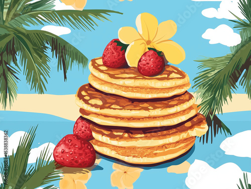 A delicious stack of pancakes topped with strawberries and a plumeria flower, set against a tropical background with palm trees