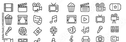 Creative icons collection depicting various aspects of entertainment and media in a minimalist style