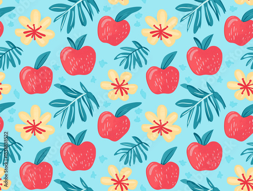 A playful seamless pattern featuring red apples, yellow stylized flowers, and blue-green tropical leaves on a light blue background