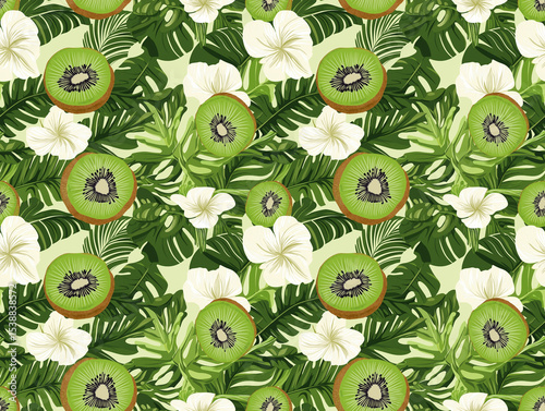 A fresh and lush repeating pattern features sliced kiwi fruit, white tropical flowers, and various green leaves, creating a vibrant and natural motif