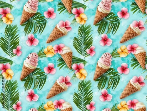 Vibrant seamless pattern of strawberry ice cream cones, pink and yellow hibiscus flowers, and tropical leaves on a light blue wavy background