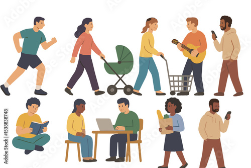 Diverse people engaging in various activities in a modern urban environment during daytime