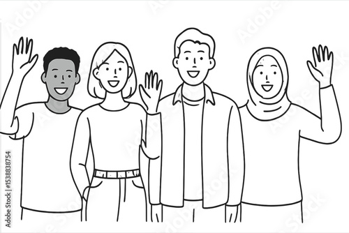 Diverse group of friends waving and smiling together in a welcoming atmosphere