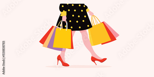 A stylish shopper strides confidently, showcasing the thrill of retail therapy with a collection of colorful shopping bags.