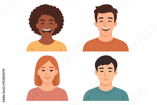 Diverse group of smiling friends enjoying a cheerful moment together in a bright and colorful setting