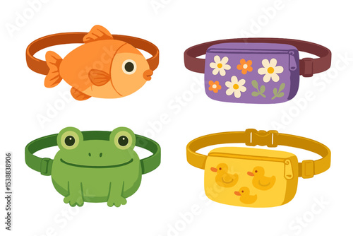 Fun and colorful fanny packs featuring animals and flowers suitable for outdoor activities or casual wear
