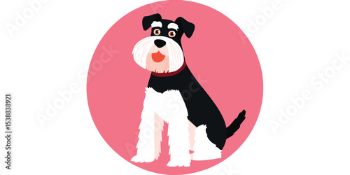 A charming illustration of a Miniature Schnauzer dog, set against a vibrant pink backdrop. The dog sits, poised and alert.