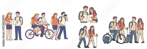 People enjoying outdoor activities in a vibrant urban setting with bikes, maps, and cameras during a sunny day