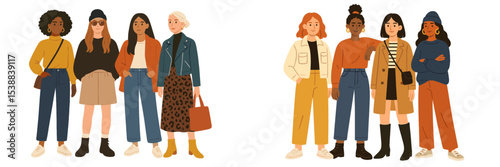 Group of stylish women posing together in casual outfits during a sunny day in an urban setting