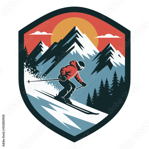 Skiing Winter Sport Logo Symbol, Mountain Skiing Logo Design Template vector illustration
