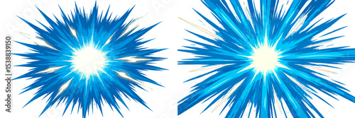 Bright blue explosion graphic emitting light particles with dynamic, jagged edges displaying energy and movement