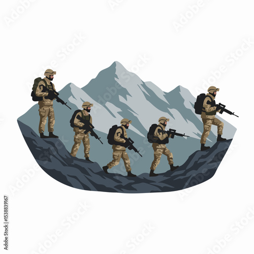 Soldiers on the Mountain: Soldiers in military uniform navigate a rugged mountainous terrain with determination and focus, showcasing the grit of service and the bond of duty.