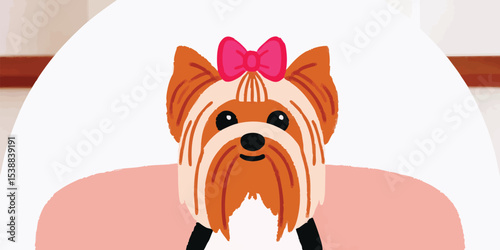 A delightful yorkie adorned with a pink bow sitting charmingly.This image captures a sense of innocent joy and pet love.