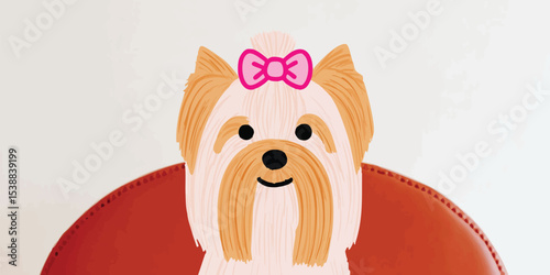 A delightful illustration of a Yorkshire Terrier, adorned with a pink bow on its head, sits charmingly. This graphic captures the essence of a beloved pet.