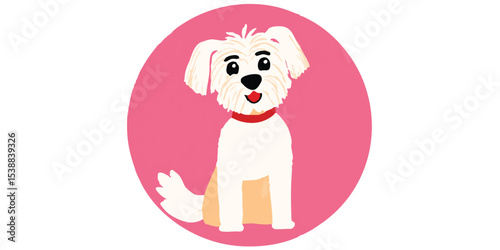 Adorable fluffy white dog with tan paws sitting on pink background.