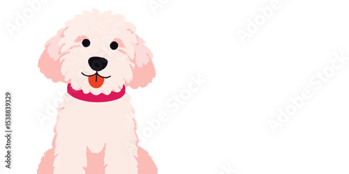 A cute illustration of a fluffy poodle puppy with a joyful expression, with pink ears, and a bright pink collar, ready to share a lovely day.