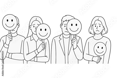 Group of individuals holding smiley face signs reflecting contrasting emotions in a simple illustration