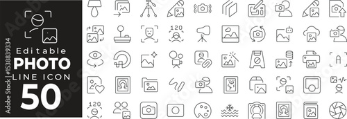 Photography and gallery icon collection. Includes camera, picture frame, photo editing, album, and snapshot icons. Editable stroke.