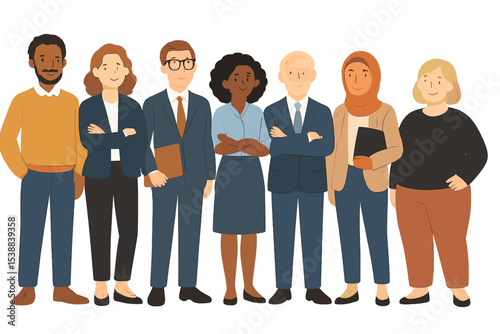 Diverse team of professionals standing together in business attire promoting collaboration and teamwork in a corporate environment